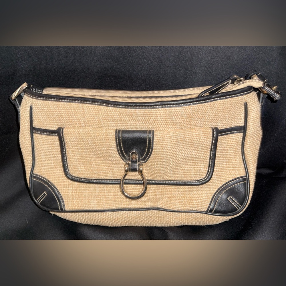 Etienne Aigner Beige and Black Raffia Shoulder Bag with Ring Detail